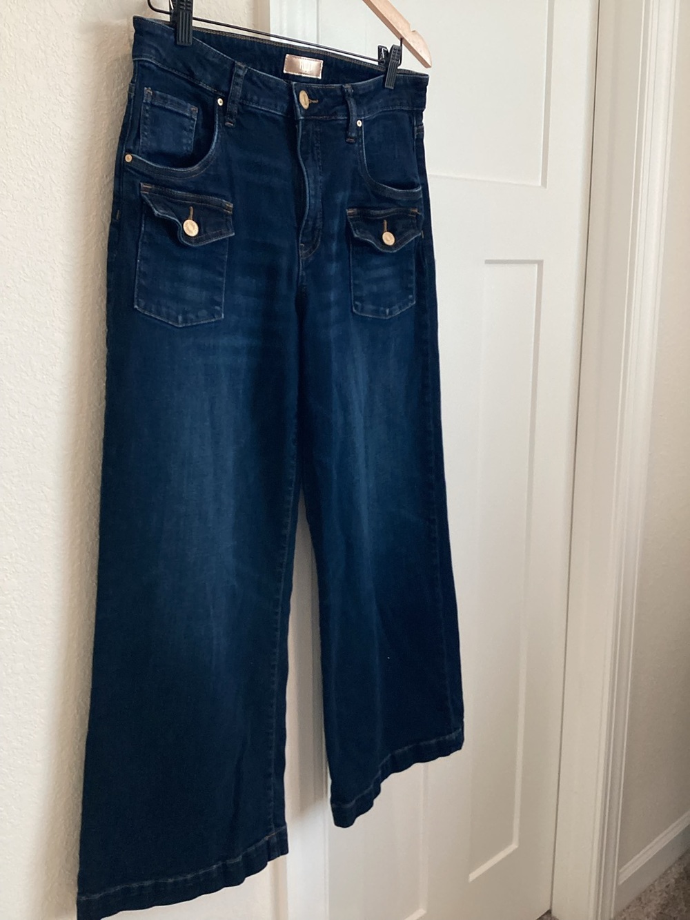 KUT From the Kloth Wide Leg Meg Jean High Rise Button Patch Pocket 8 Dark Rinse - Picture 2 of 12
